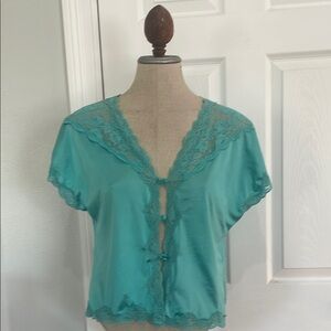 Vintage Lorraine bed jacket lingerie Teal Lace Button-Up penoir pj Top women M